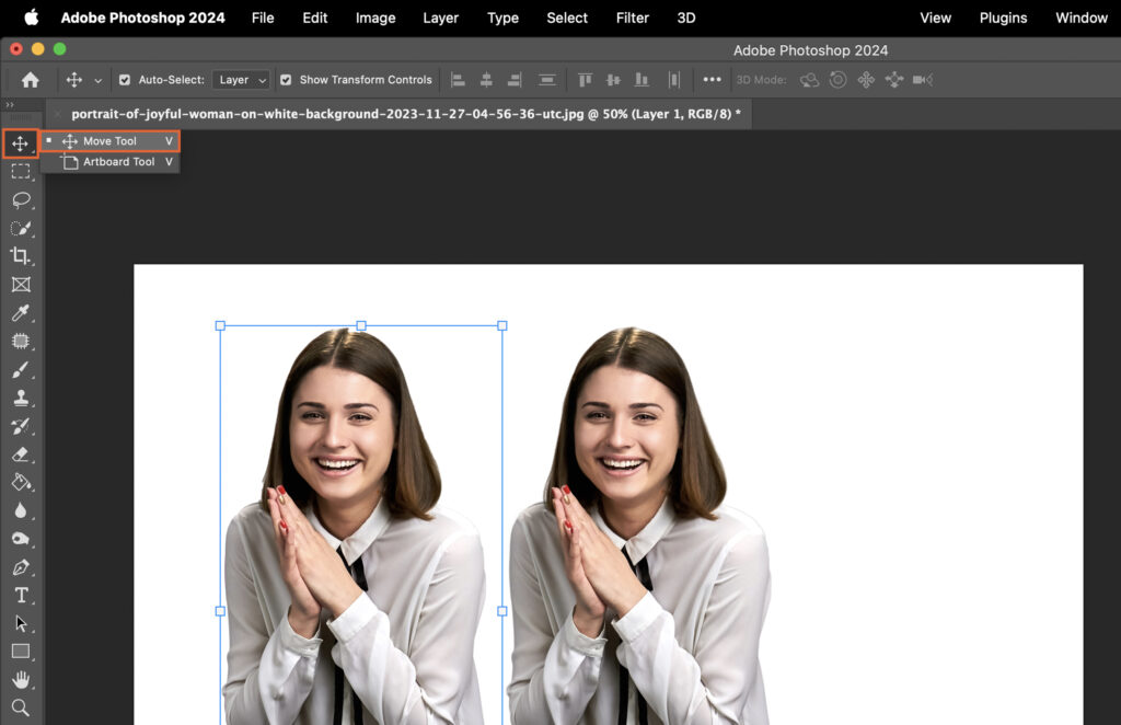 Adobe Photoshop software interface with two side-by-side images, each showing a womans face.