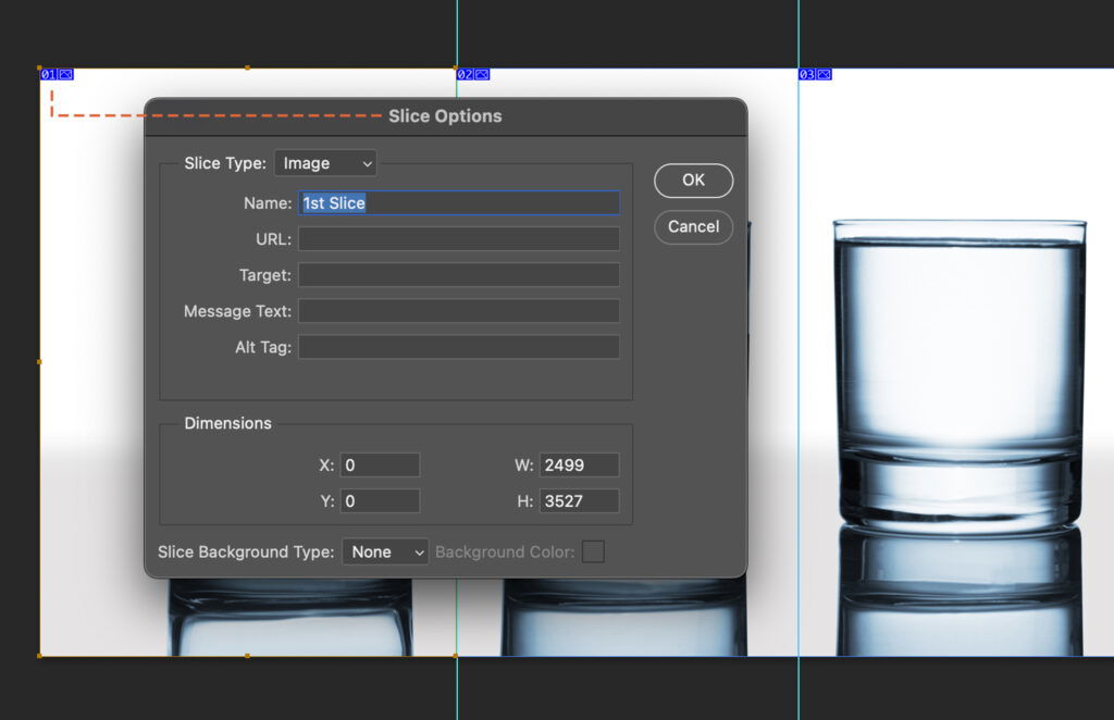 A program open, showing an image of glasses with a toolbox overlay and the option to add slices. 