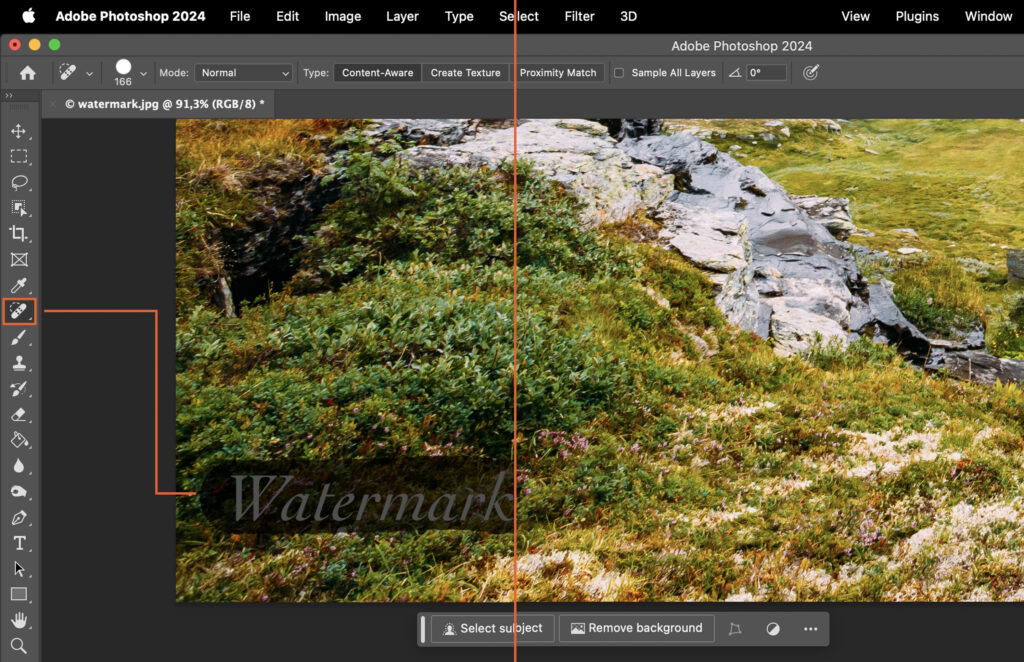 Adobe Photoshop window showing layers on a nature landscape photo.