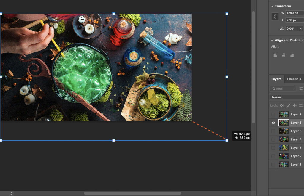 A project, displaying a photo editing panel with layers, masks, and properties settings for the active layer. 