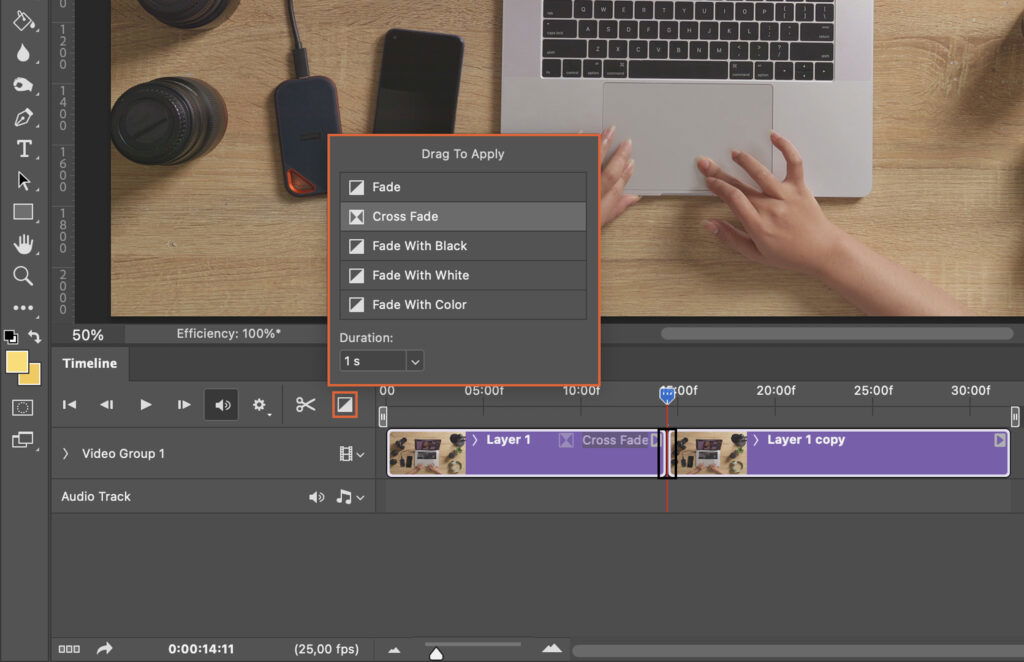 A video editing program, and the mouse pointer is on a pop-up window to select different functions. 