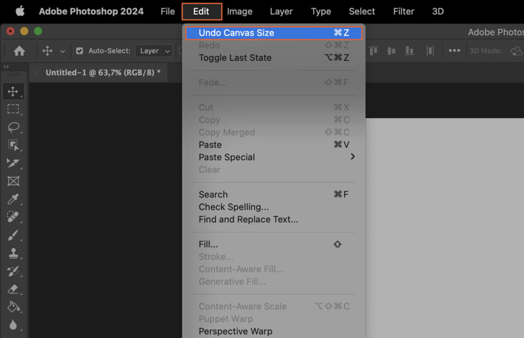 The user interface of Adobe Photoshop, with various panels open and an arrow pointing to the Undo Carve option. 