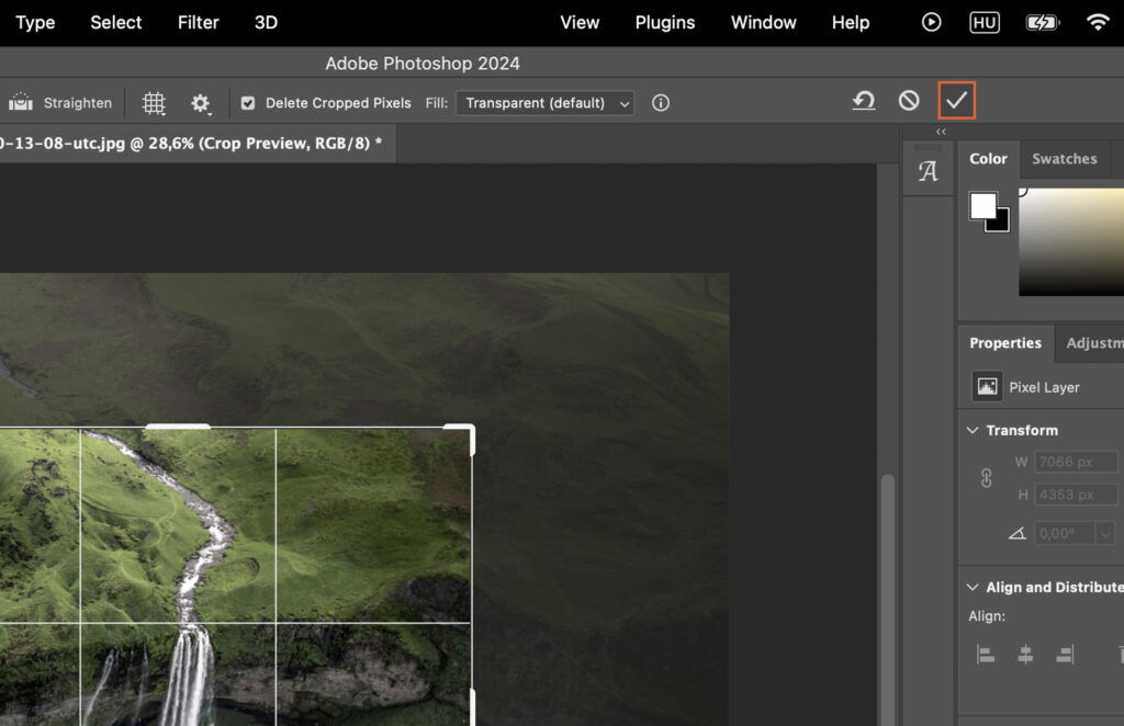 A photo editing software, showing an edited photo with a landscape, and various tools and settings on the right side. 