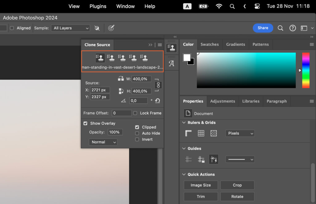 Adobe Photoshop with a blurred photo, tool options, and color palette with a watermark. 