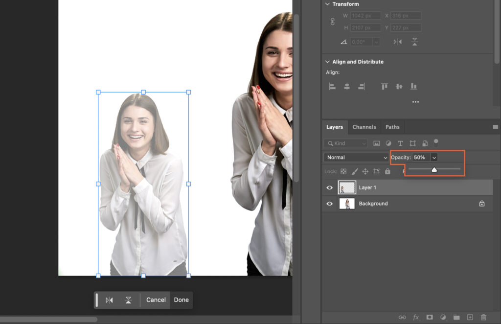 Adobe Photoshop program being used to manipulate a photograph, with a woman in the foreground adjusting her hair and a tutorial video open in the background. 