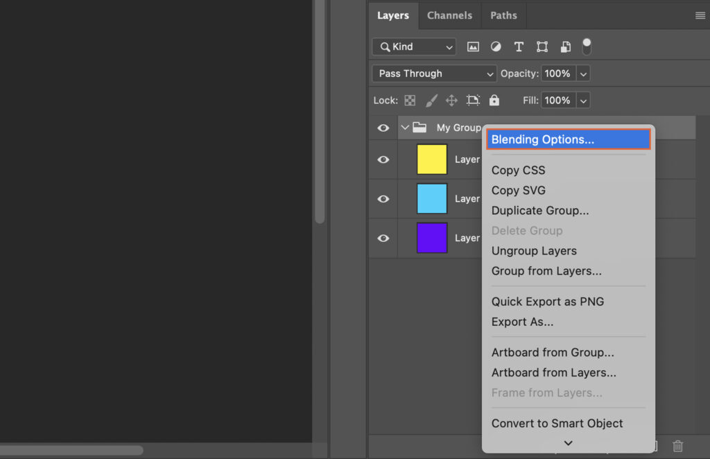 Tthe steps of creating a blend option in an Adobe Photoshop interface.