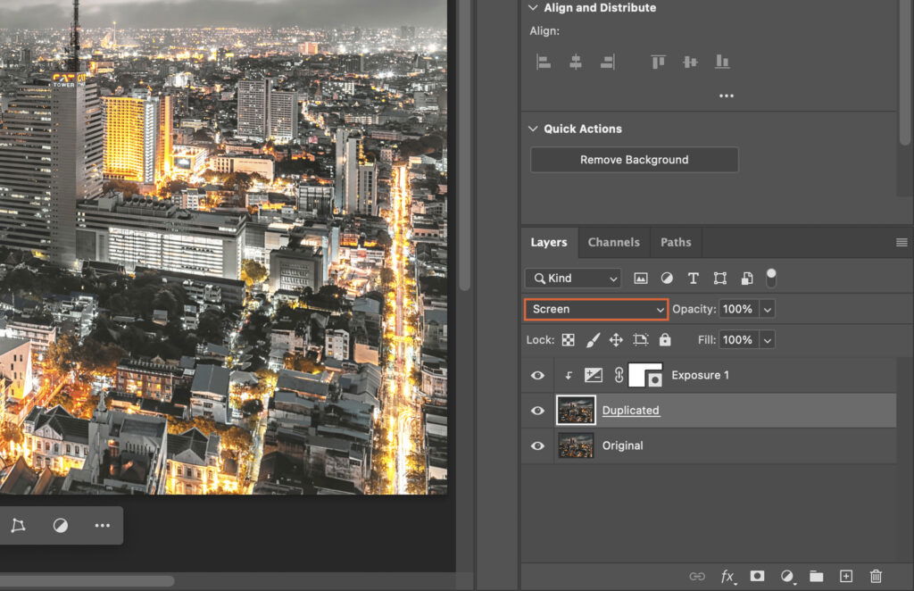 An editing program open, showing a panoramic cityscape as the active document. 