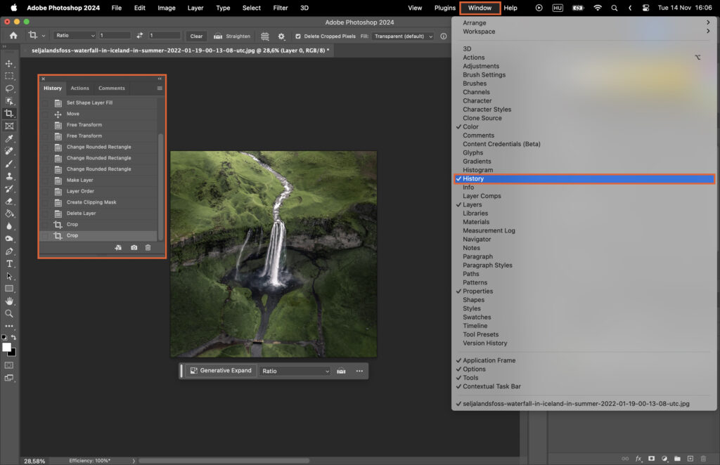 A waterfall image being edited on a computer.