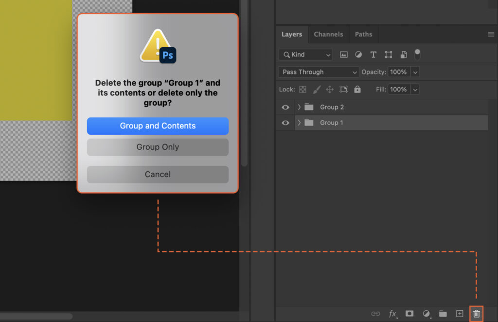 The process of creating an advertisement in Adobe Photoshop, with focus on a group creation error message. 