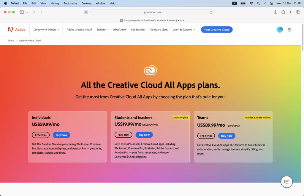 An Adobe page displaying various app plans and their prices in different colors. 