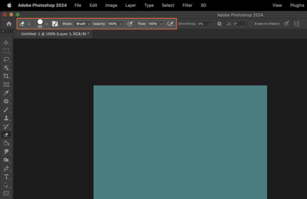 Adobe Photoshop application displaying a mostly blank canvas, a tools palette, and some panels of options on the left side. 