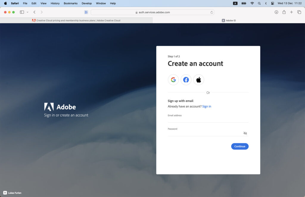 Adobe account creation page.