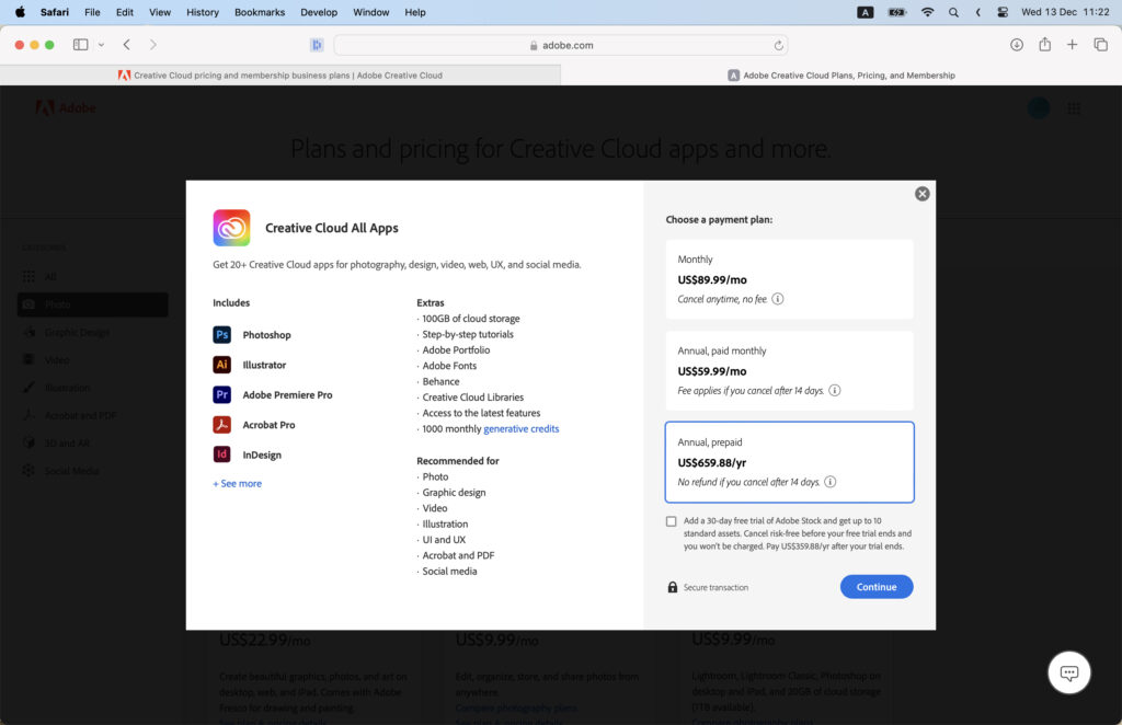 Creative cloud purchase page.