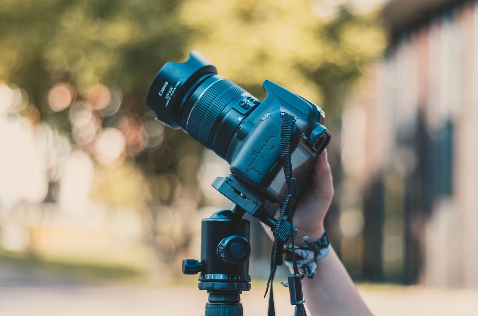 Camera mounted on a tripod with a ball head