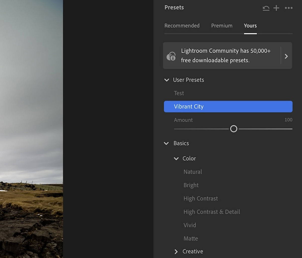 screenshot showing imported preset in lightroom cc