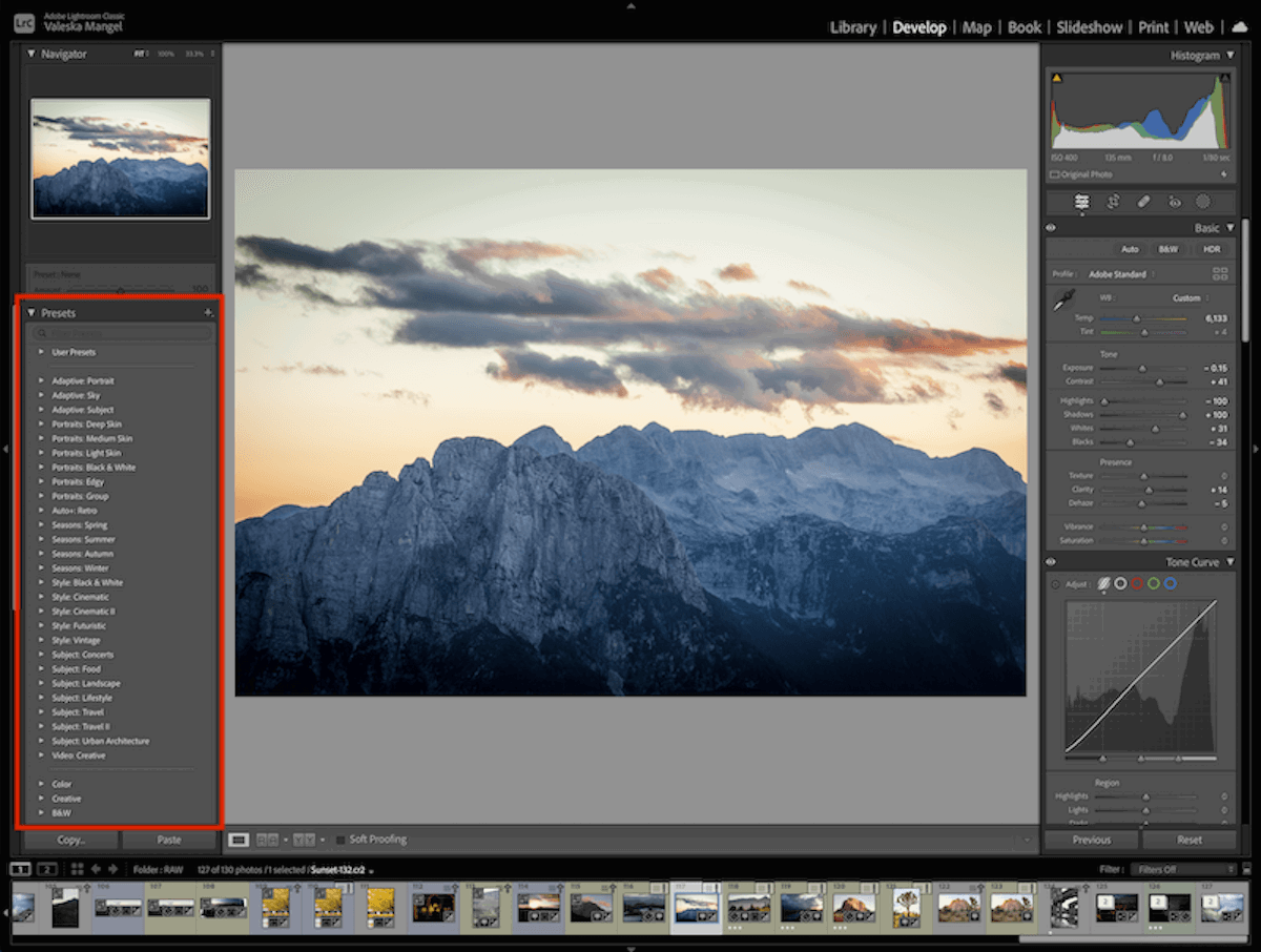 screenshot of Lightroom classic with a red box highlighting where the presets are found