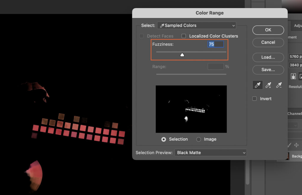 A color range panel, displaying color selection options. 