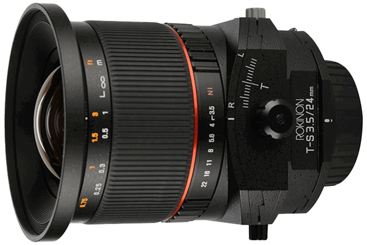 A product photo of a Rokinon tilt-shift lens