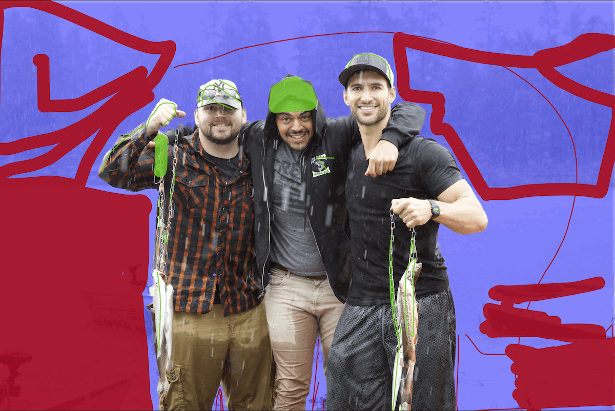 drawing in Photocutter lines on inPixio on a photograph of three men in the rain after a fishing trip