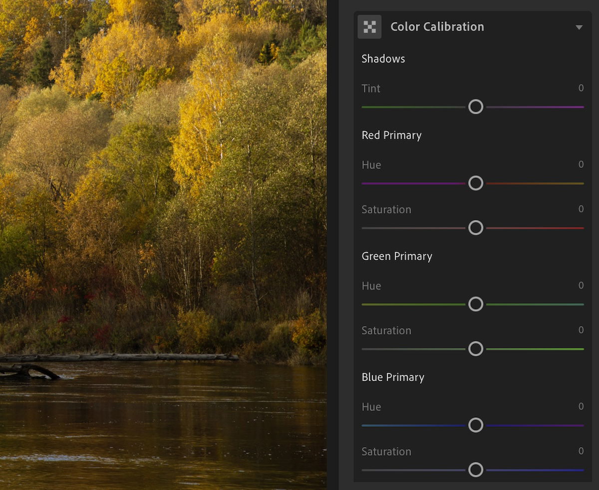 screenshot of color calibration in Lightroom CC