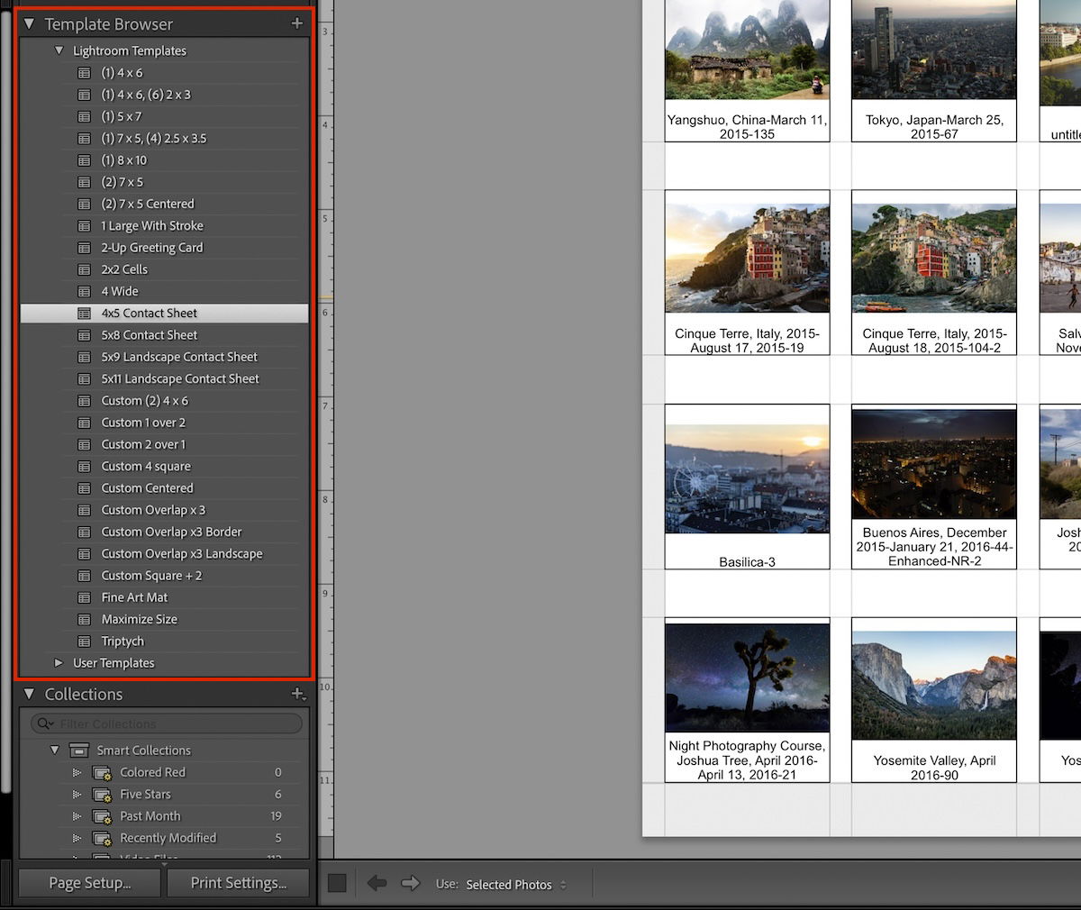 screenshot of lightroom contact sheet print templates in adobe lightroom classic with a red box around the options