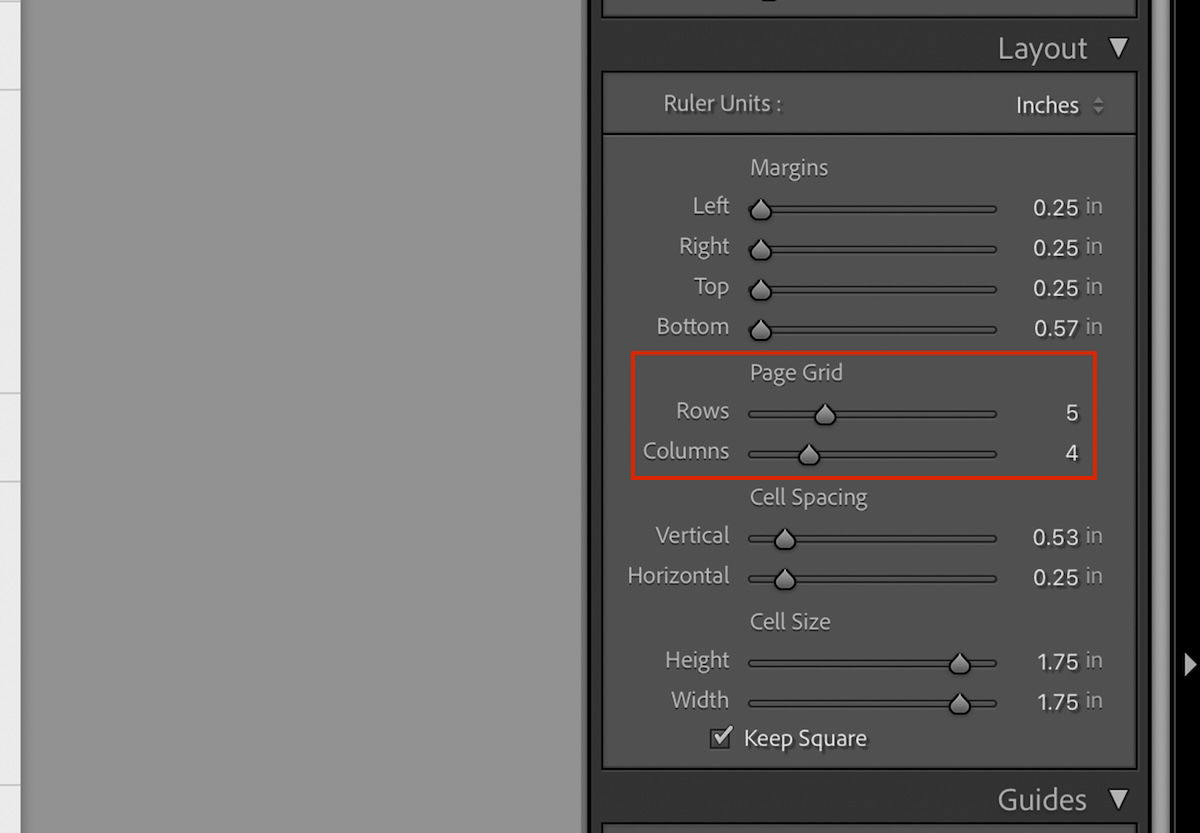 screenshot of editing the layout of a lightroom contact sheet in adobe lightroom classic
