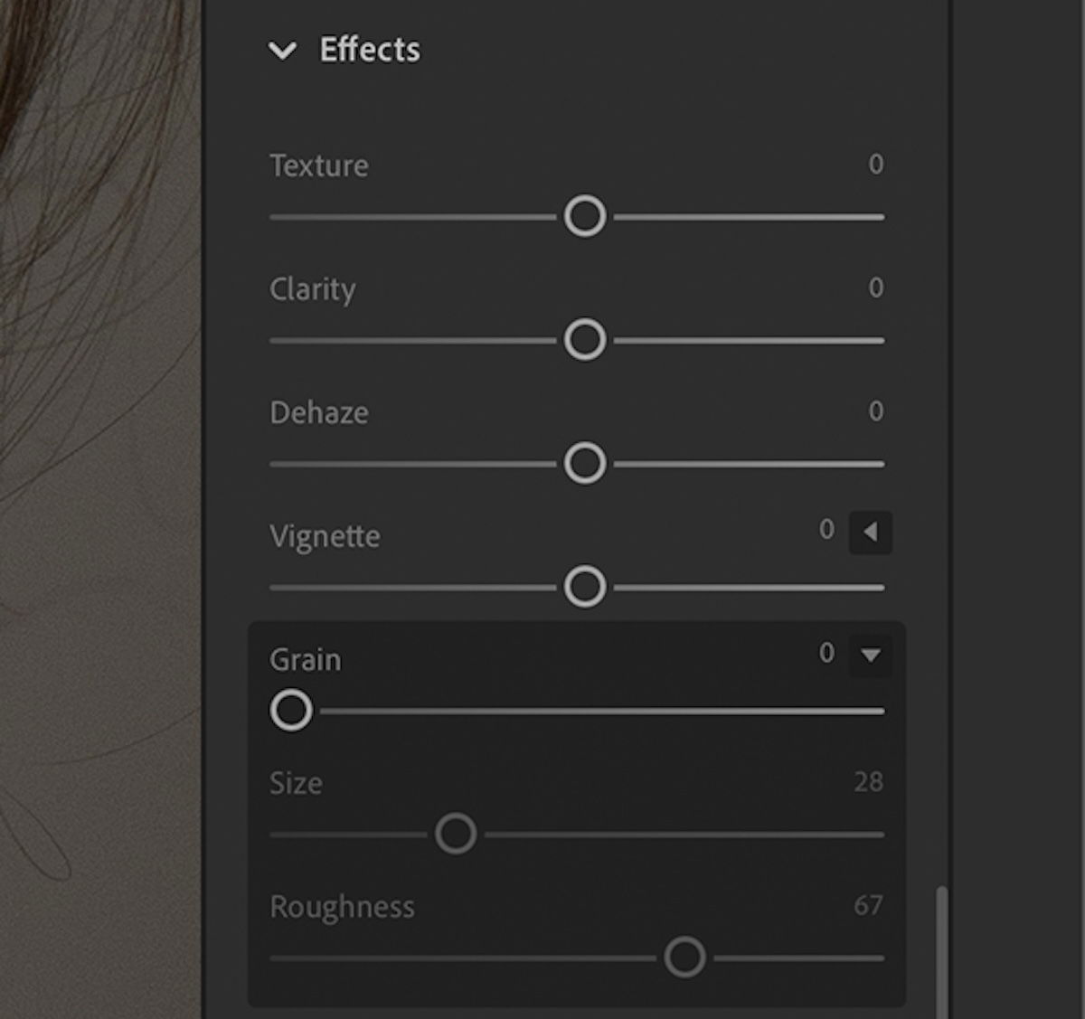 screenshot of Lightroom CC grain section