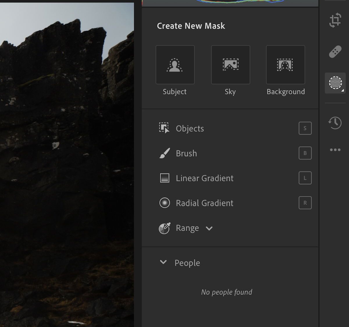 screenshot of masking section in lightroom cc