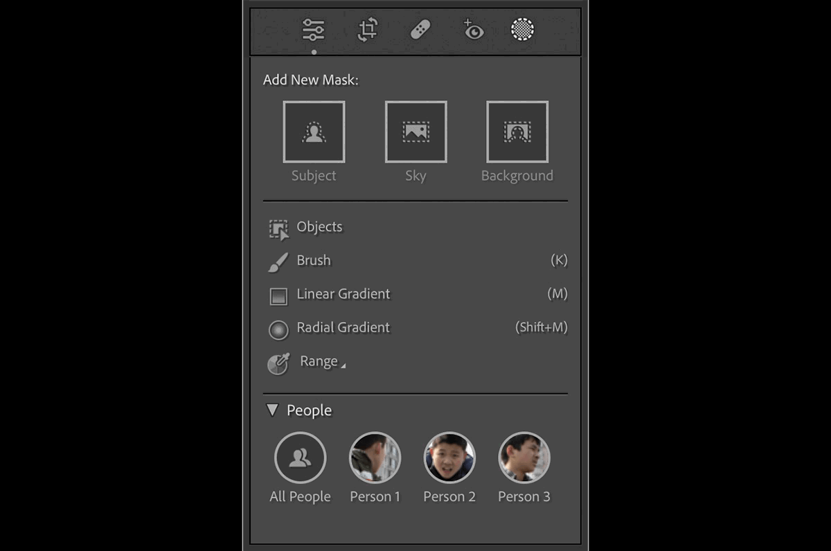 Screenshot of Adobe Lightroom masking menu