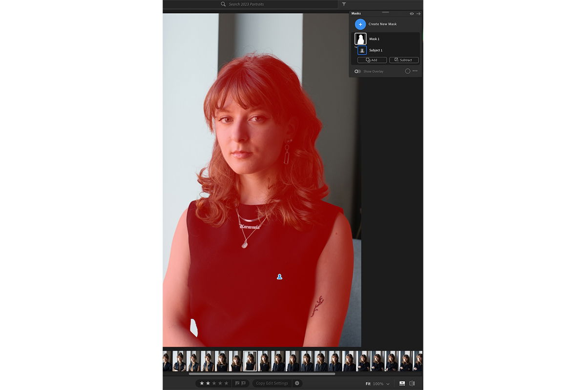 Screenshot of Lightroom showing portrait of a woman with AI Subject mask