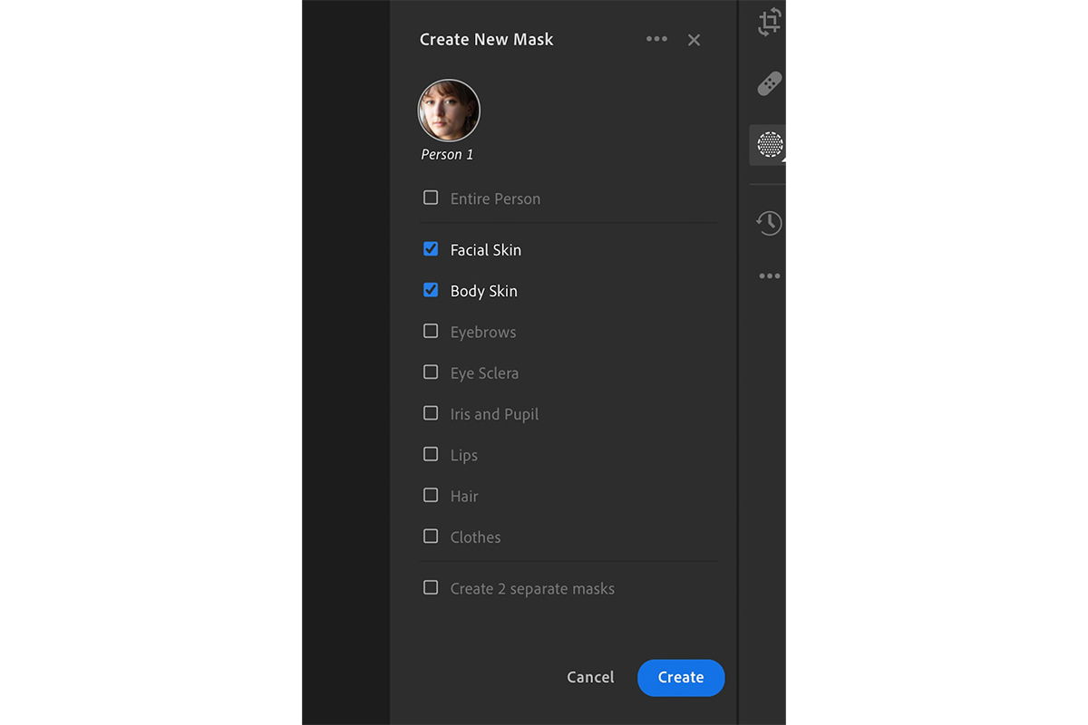 Screenshot of Lightroom People mask options