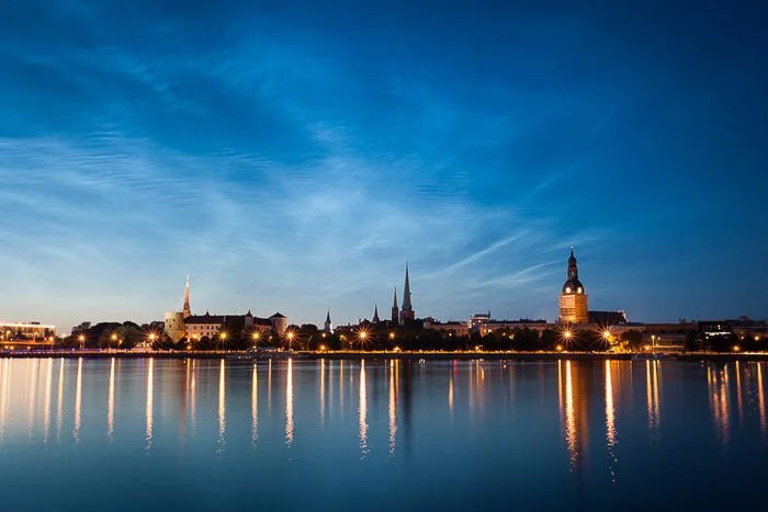 Blue Hour skyline shot of city next to a body of water