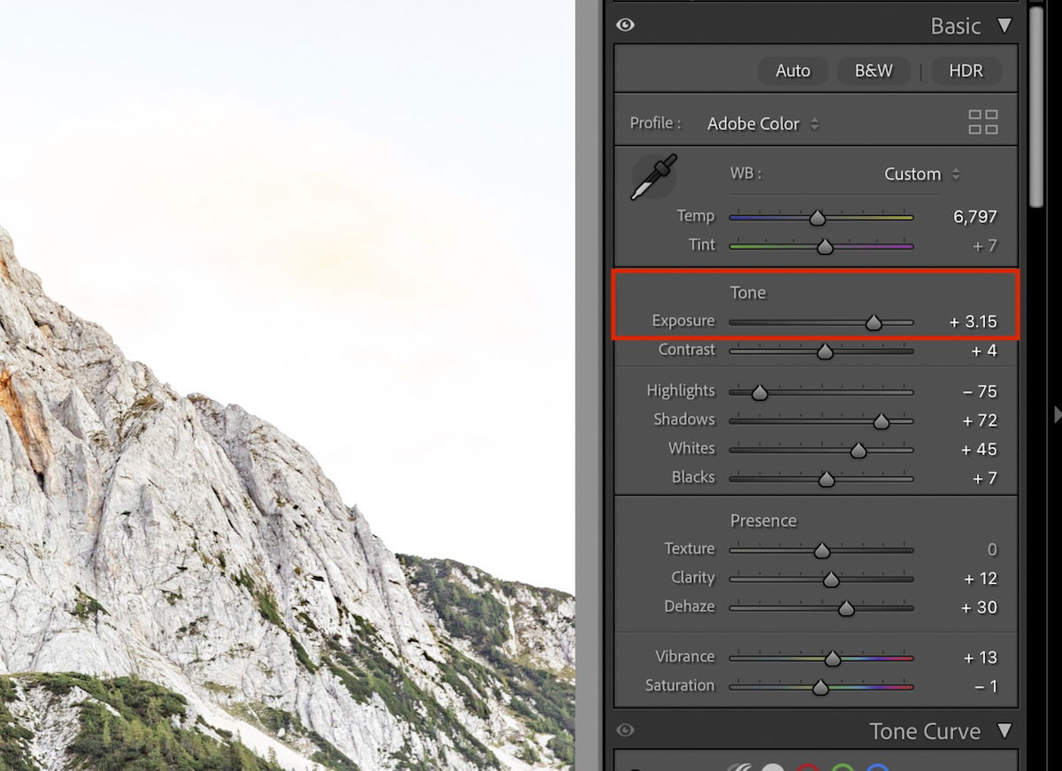 screenshot of lightroom classic interface adjusting the exposure