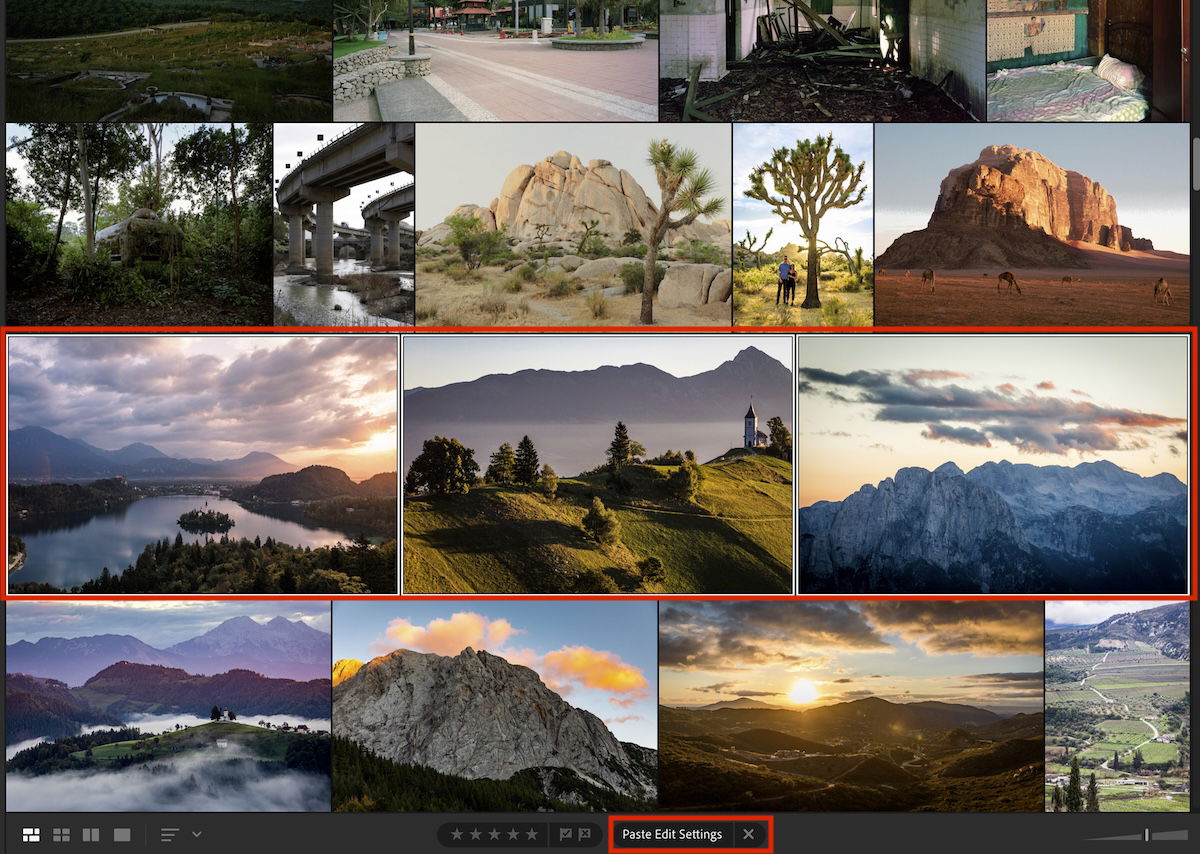 screenshot of lightroom with three selected images edited and the a red box highlighting the paste edit settings box