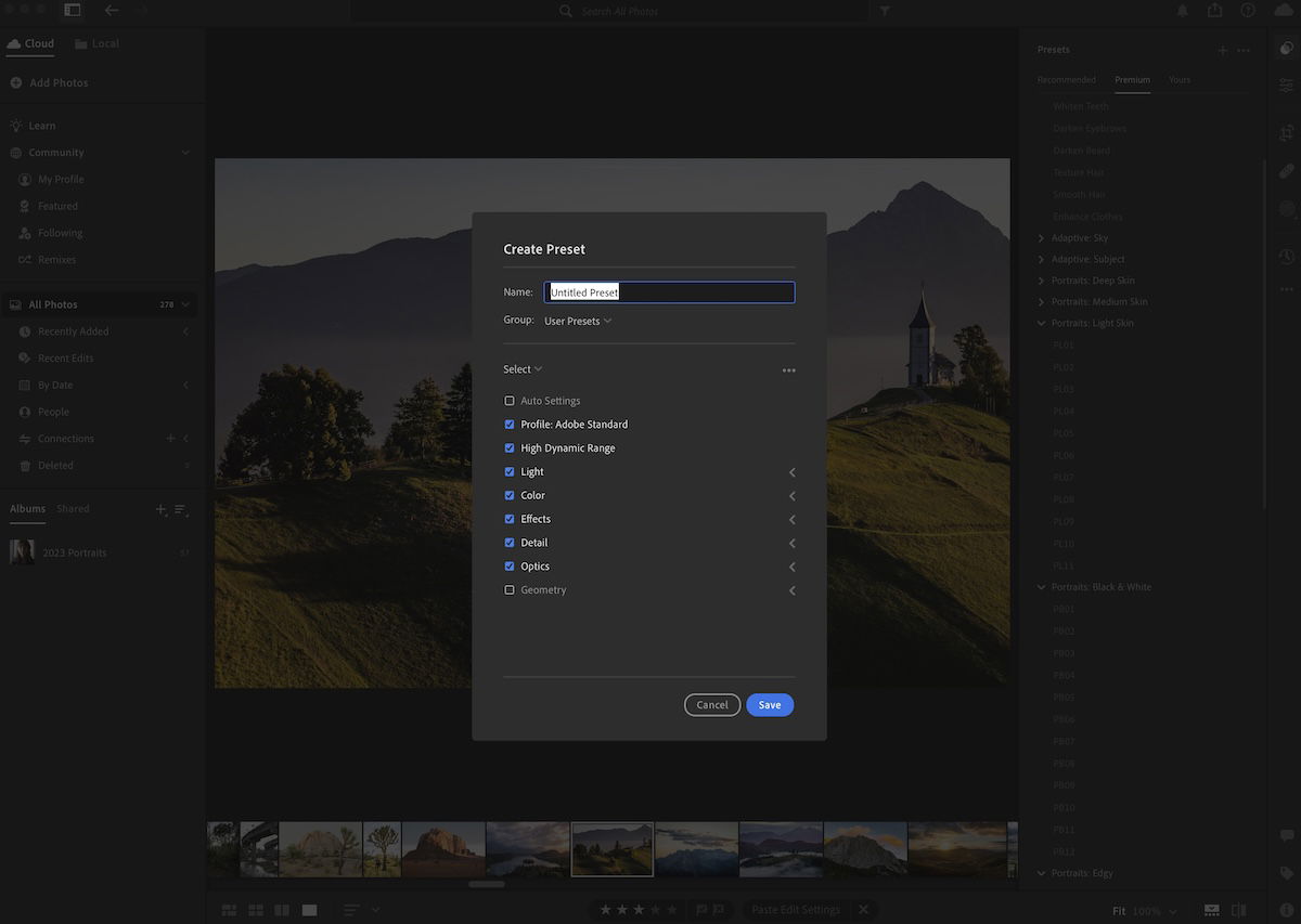 screenshot showing the preset settings in lightroom