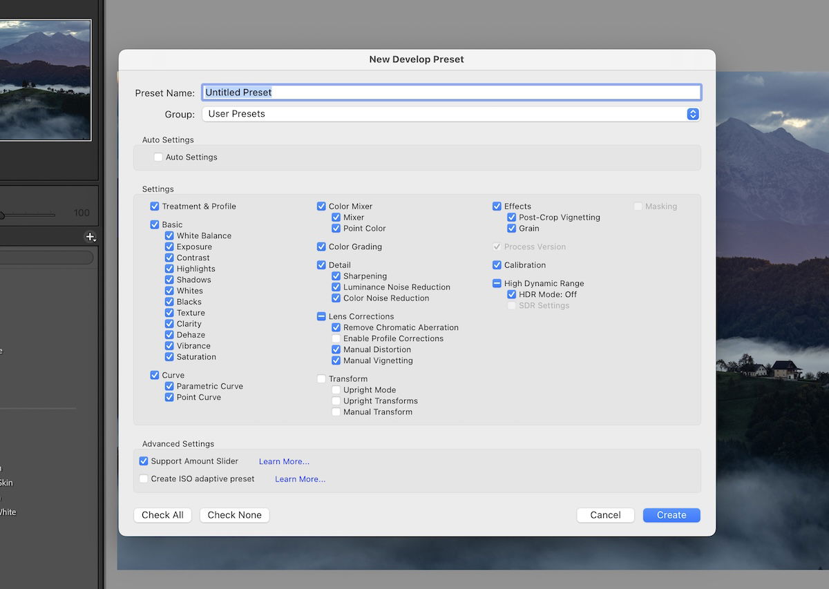 screenshot showing the preset settings in lightroom classic