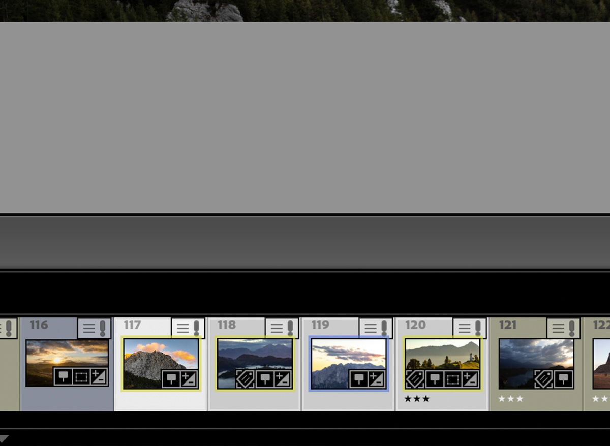 cropped screenshot of lightroom classic interface showing images edited along the toolbar