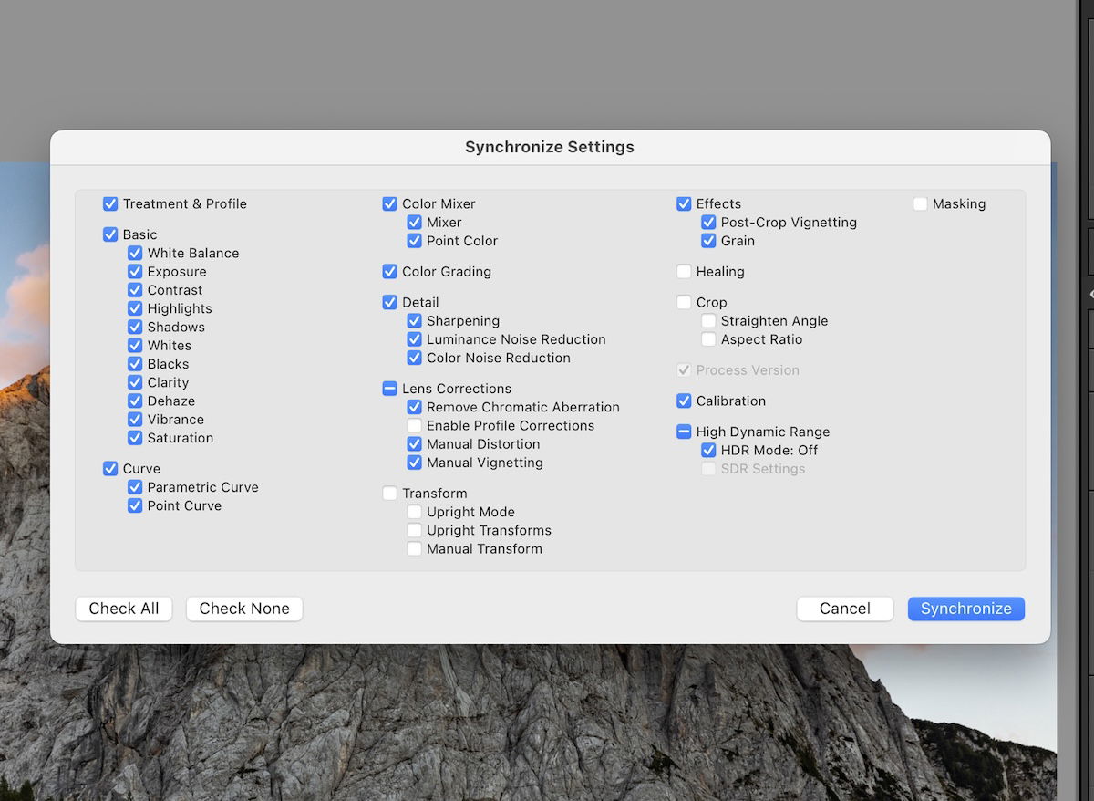 screenshot of lightroom classic sync settings