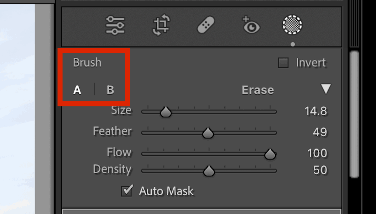 screenshot showing where to find the A/B brush in adobe lightroom