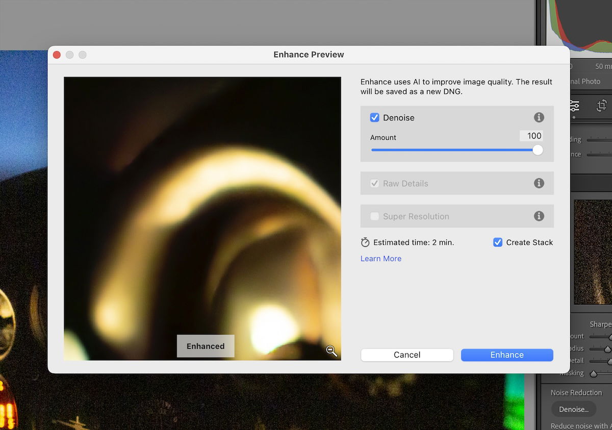 screenshot of denoise dialog box in lightroom