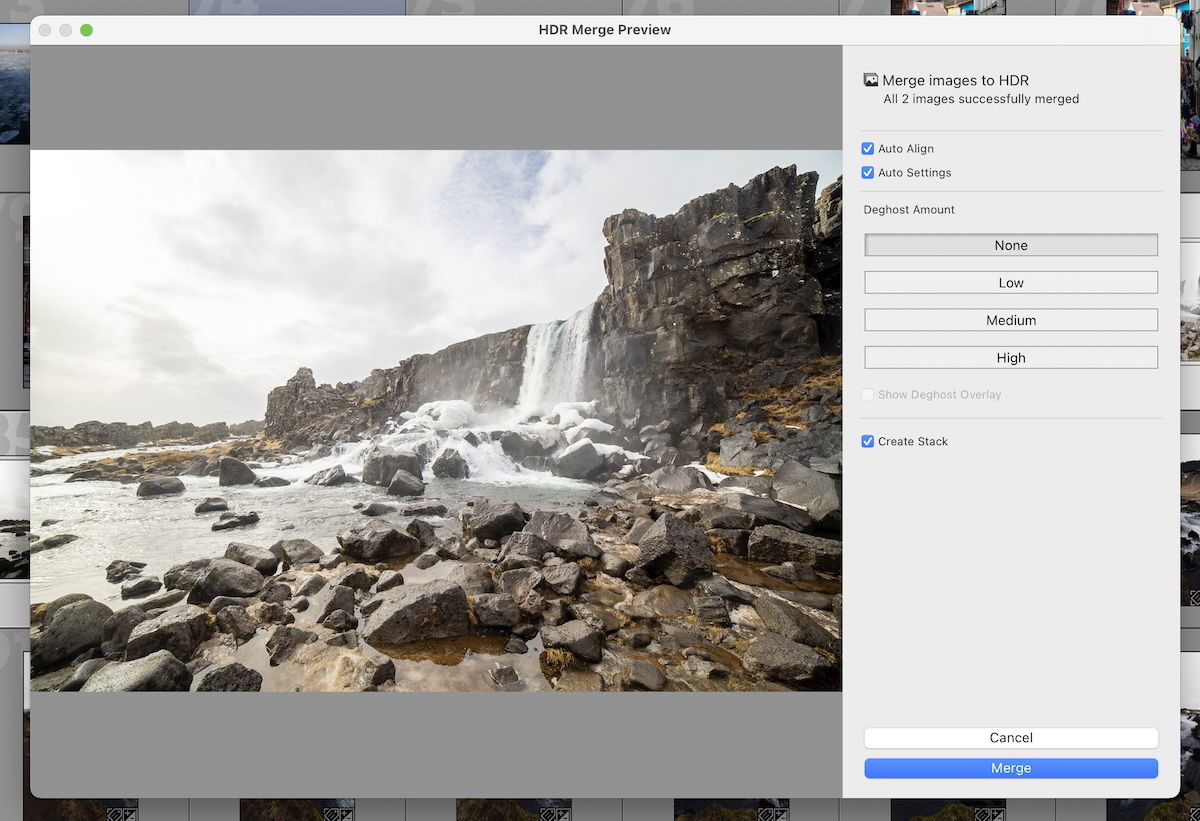 screenshot of lightroom classic HDR window