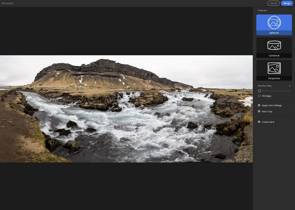 panorama of mountains with a river in the foreground with auto crop in panorama lightroom