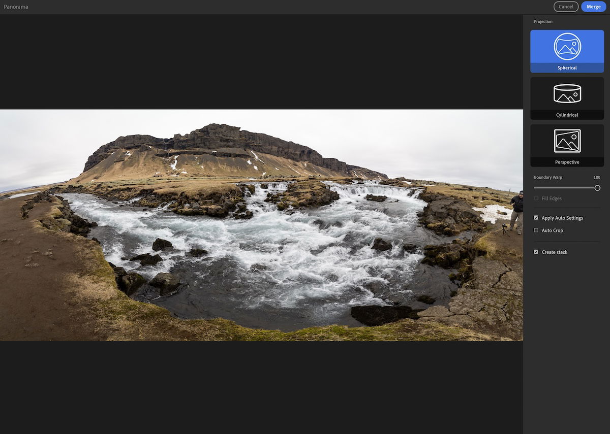 panorama of mountains with a river in the foreground with 100 boundary warp