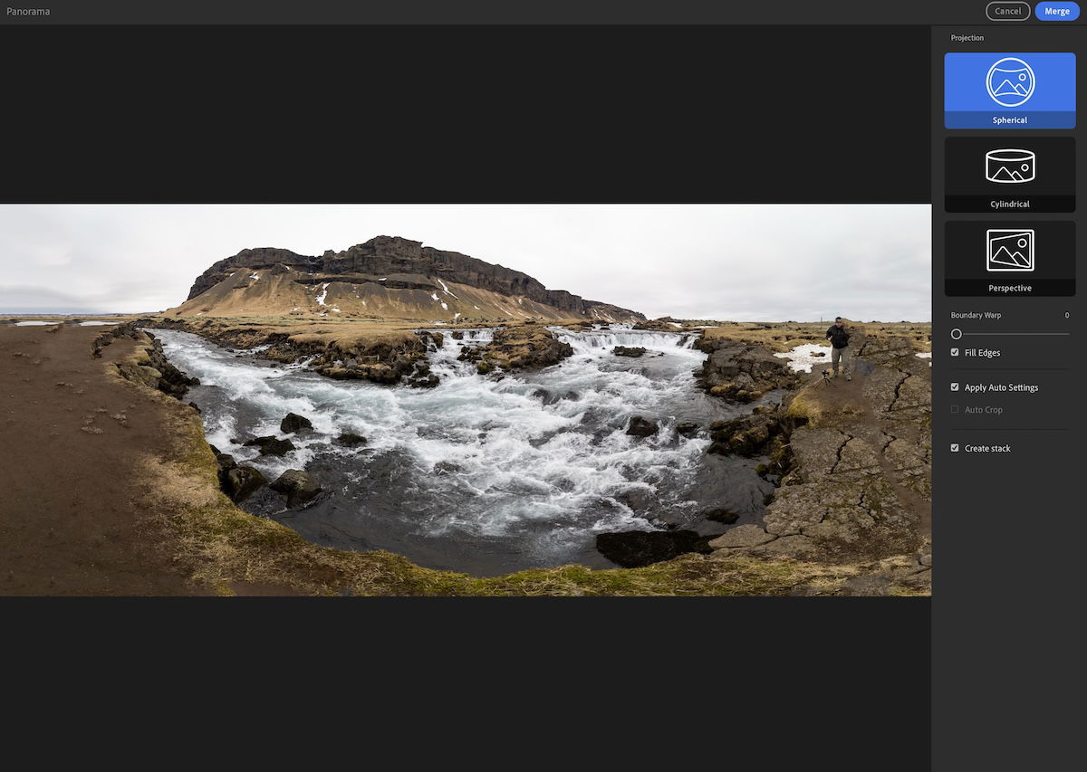 panorama of mountains with a river in the foreground with fill in panorama lightroom