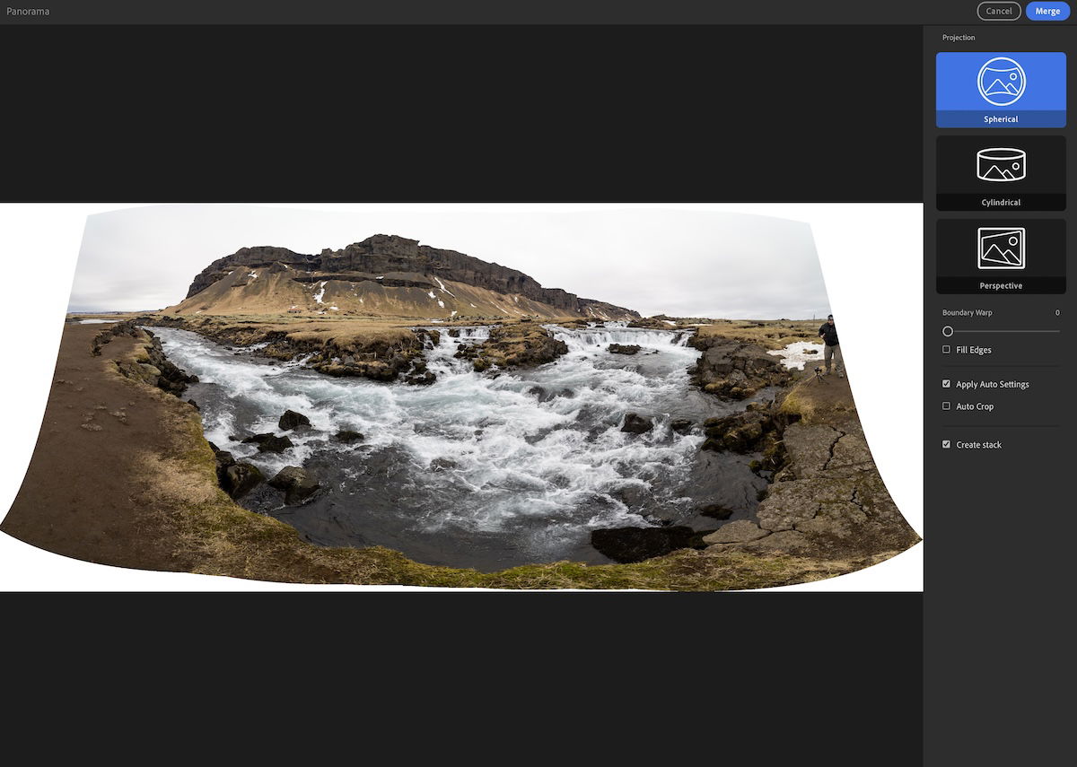 Panorama of mountains with a river in the foreground with a spherical stitching