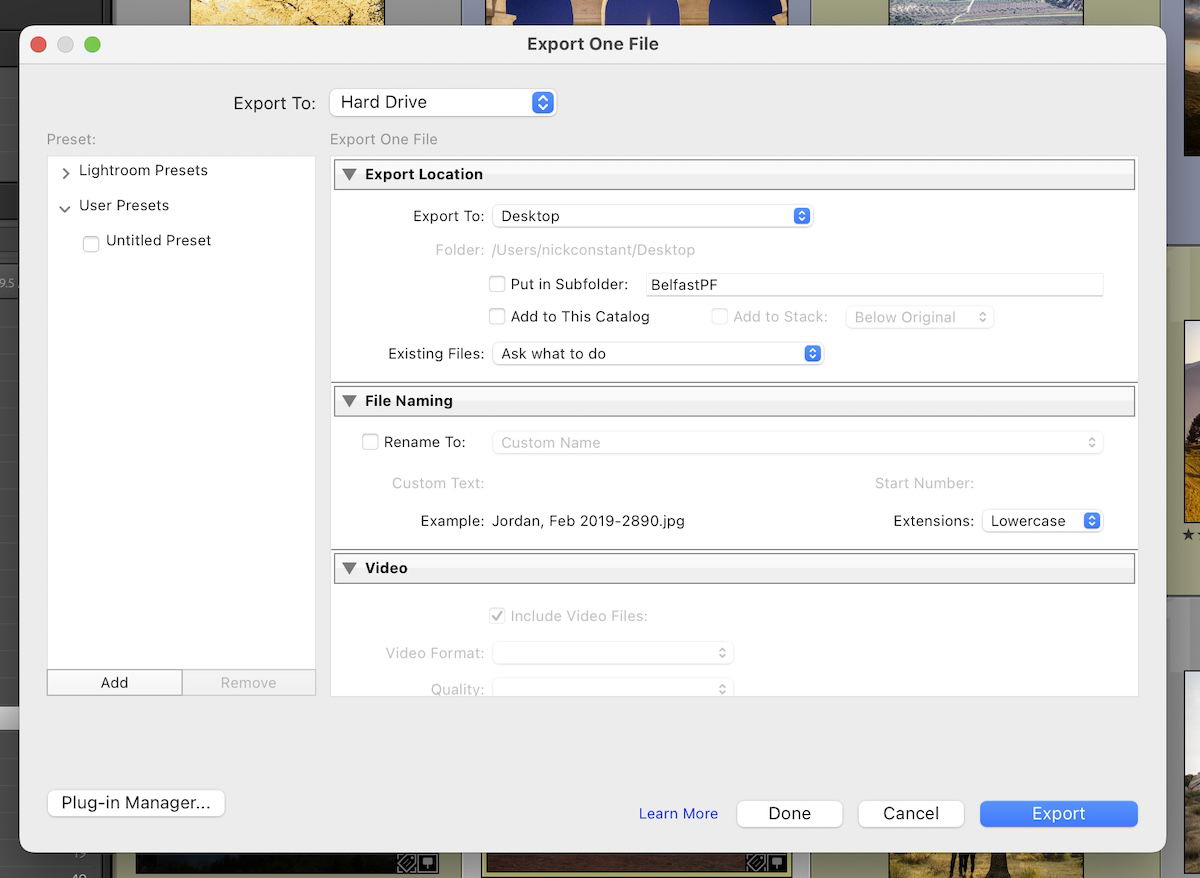 screenshot of lightroom classic exporting interface