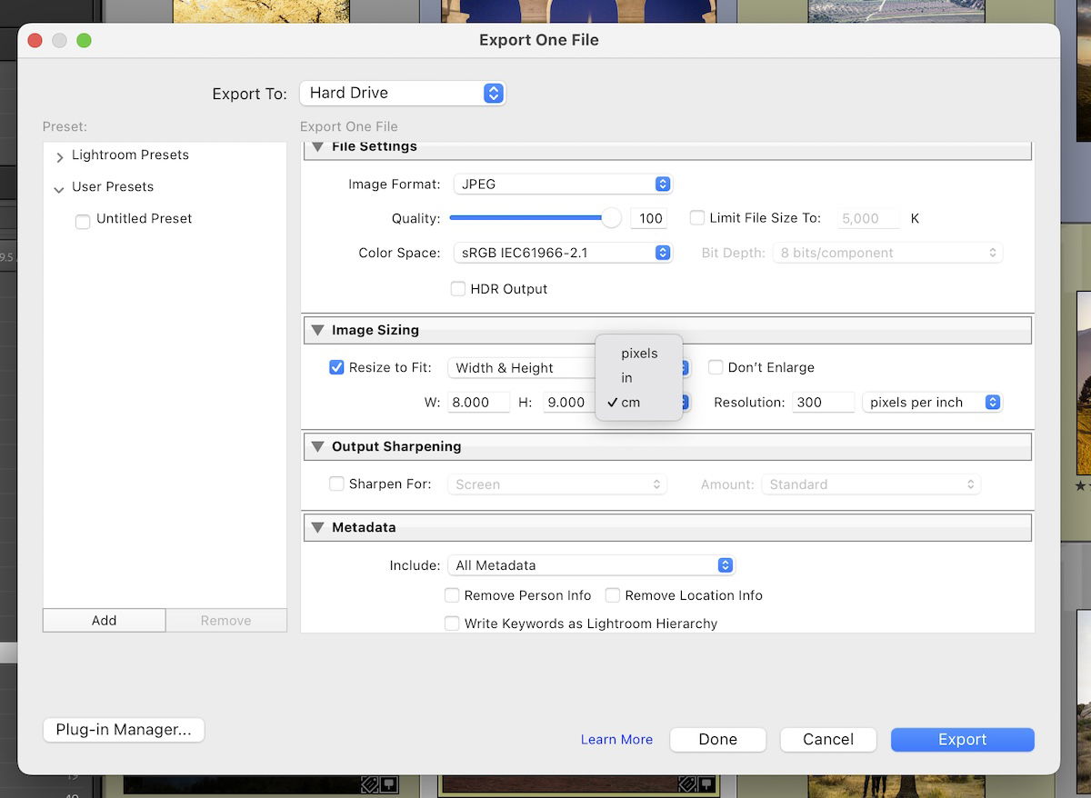 screenshot of lightroom classic exporting interface highlighting the different measurements for resizing