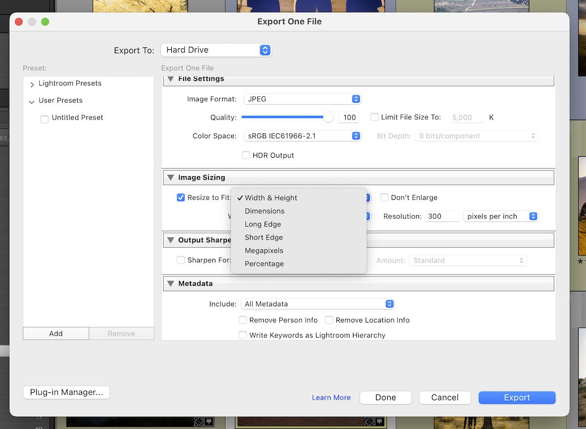 screenshot of lightroom classic exporting interface highlighting the different resize options