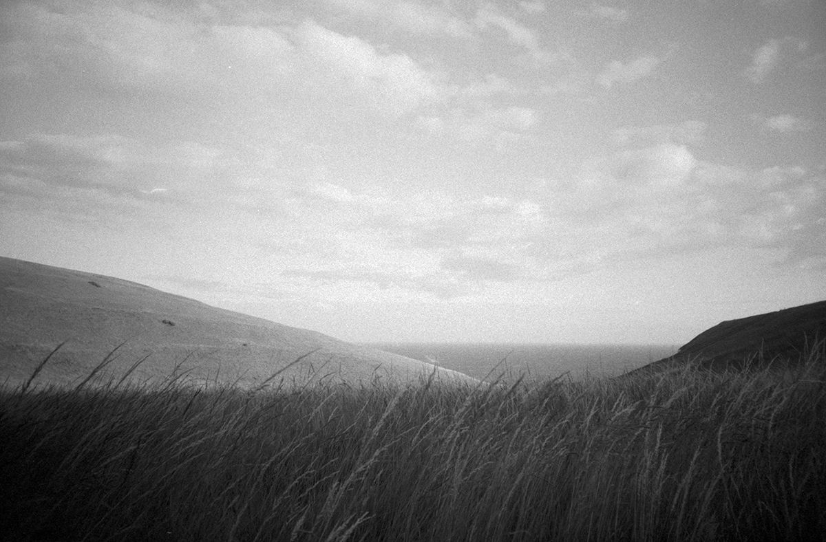 grainy 35mm film photo of a beach