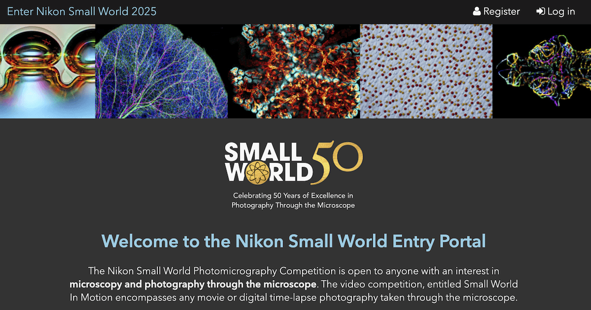 A webpage for an event called Small World 2015 that celebrates the 50th anniversary of Nikons entry into the small world microscope market.